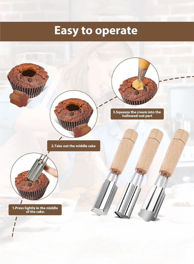 SHABILI 3PCS Cookie Cutters Set for Bakers, Stainless Steel Bistcuit Cake Decorating Tool with Wooden Handle, Jam Biscuit Cutters Corer and Cookie Press Mold , Cake Hole Punch, Cake Center Plunger - Image 4